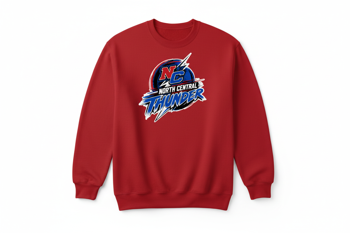 North Central Thunder logo on red crewneck sweatshirt
