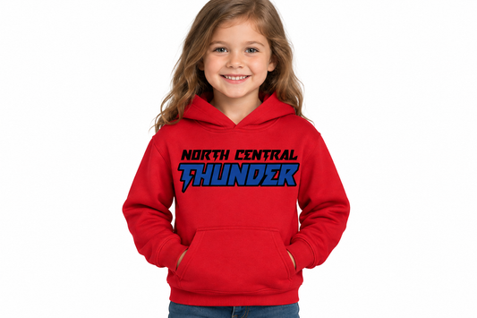 North Central Thunder lightning hoodie in red - little girl model
