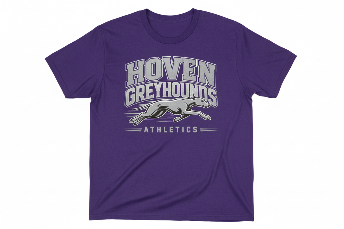 Hoven Greyhounds Athletics on purple t-shirt