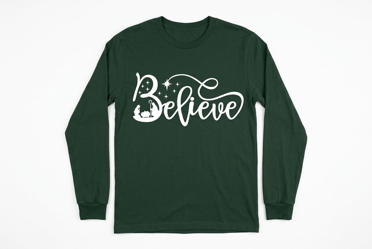 Believe Nativity Long Sleeve - Dark Green with White Print Flat Lay