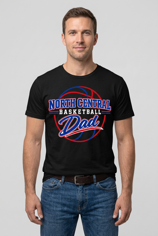 Male model wearing black North Central Basketball Dad T-shirt
