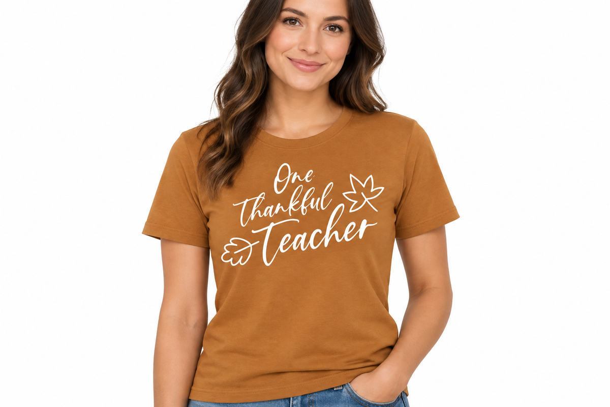 One Thankful Teacher white ink design on toast caramel t-shirt