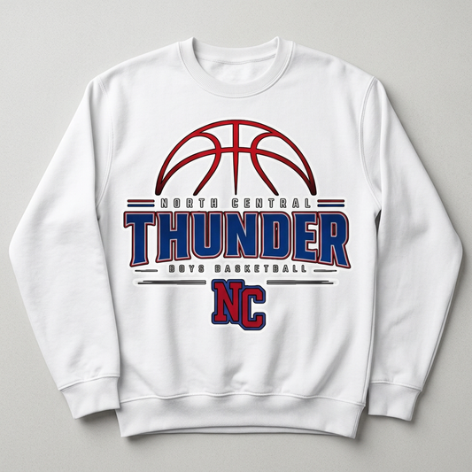 White crewneck with North Central Thunder boys basketball design