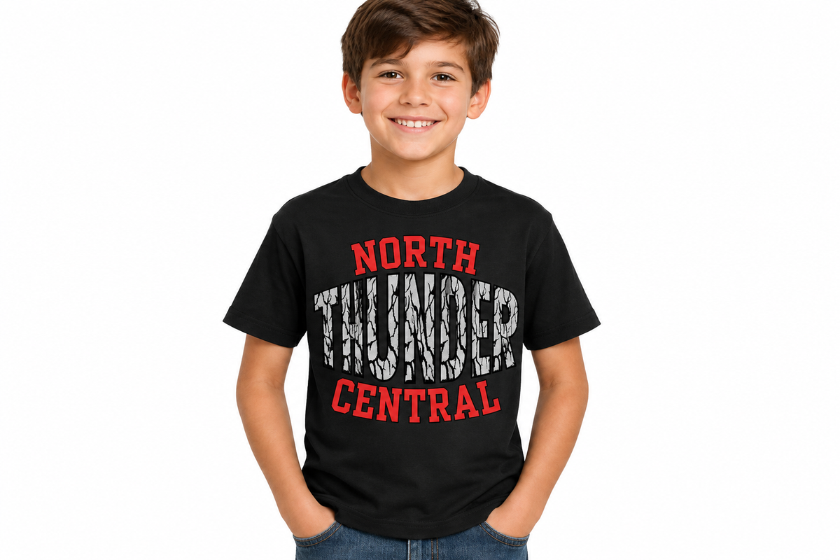North Thunder Central crest design on black t-shirt
