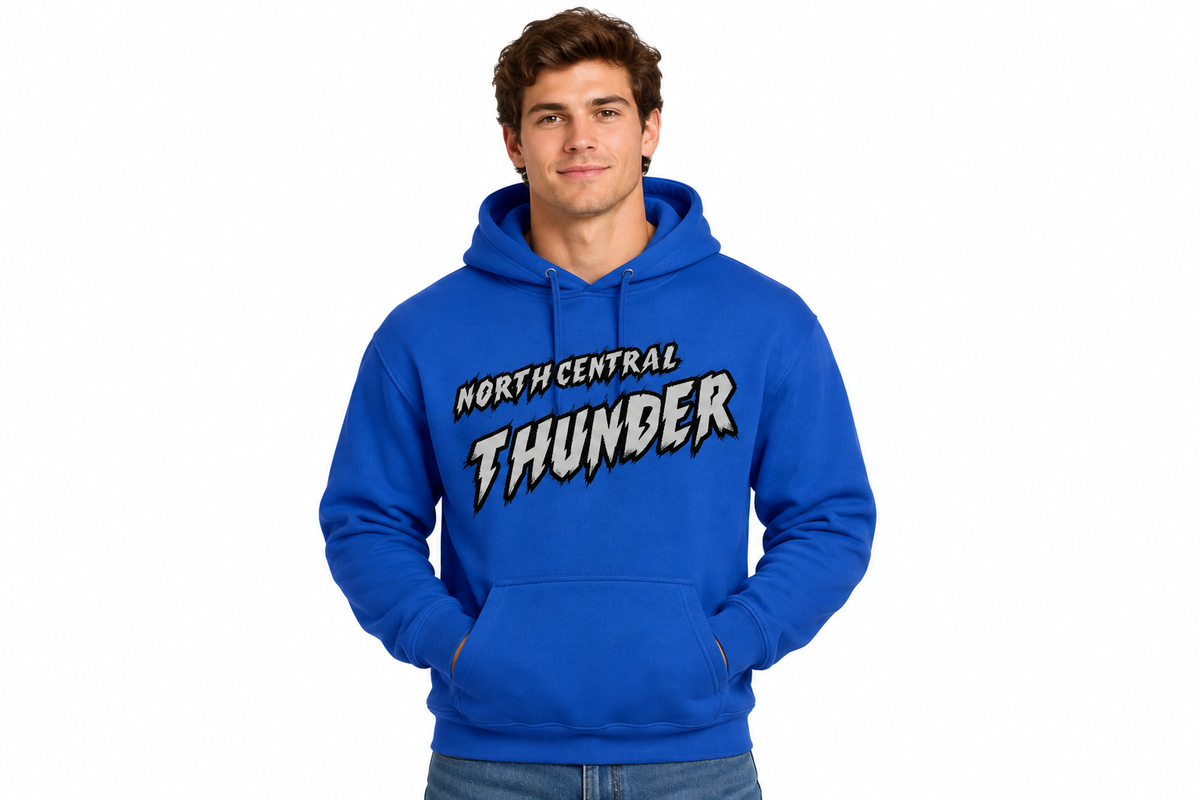 North Central Thunder grunge design on royal blue hoodie