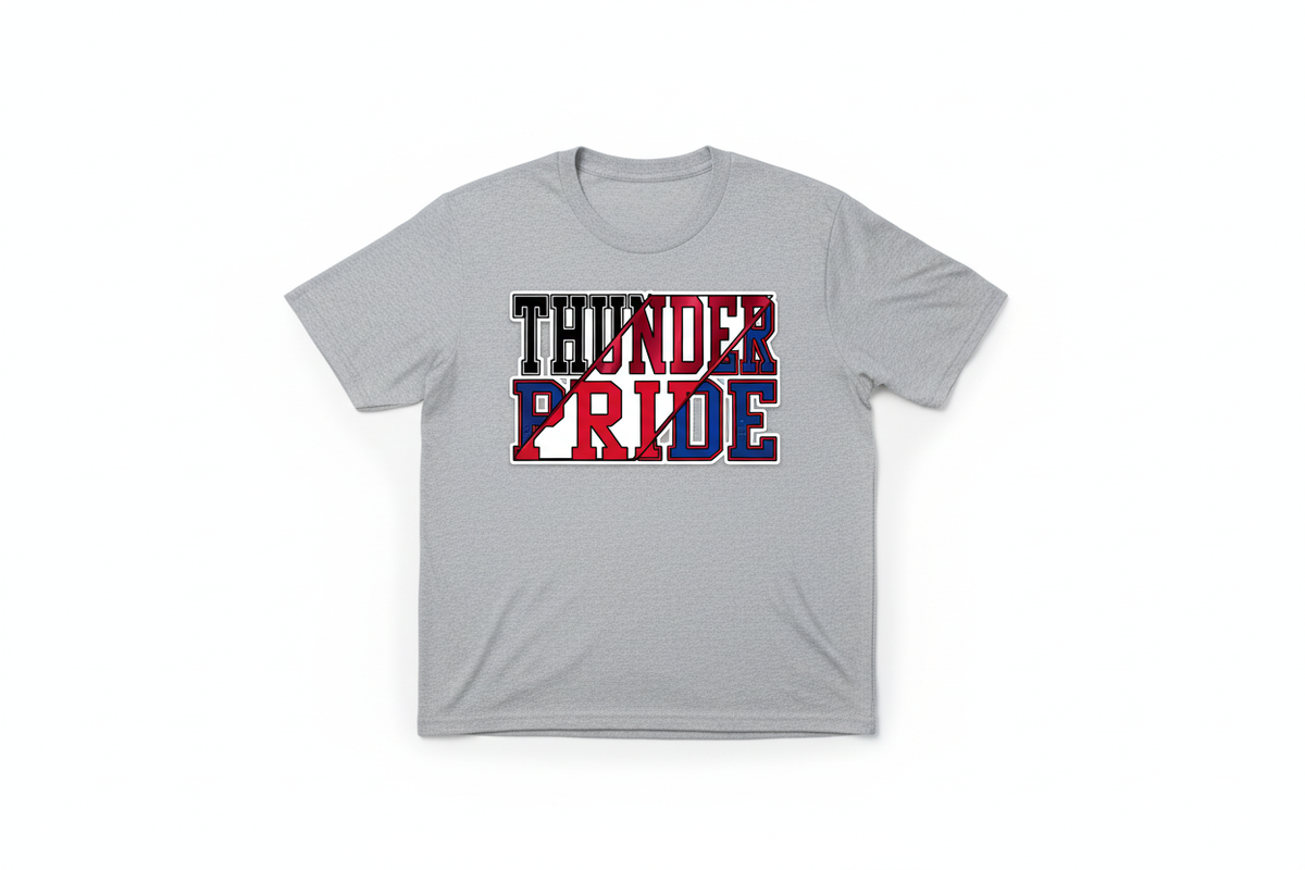 Thunder Pride graphic on heather gray t-shirt