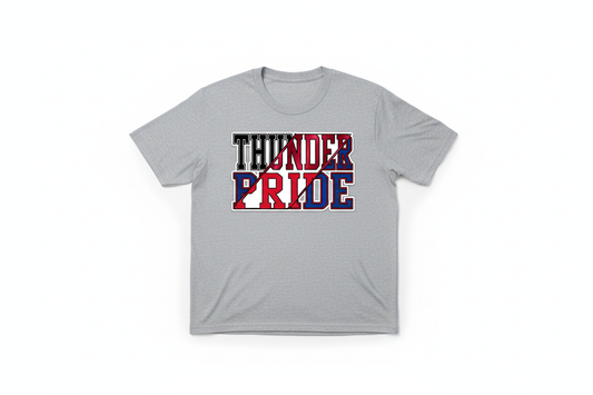 Thunder Pride graphic on heather gray t-shirt