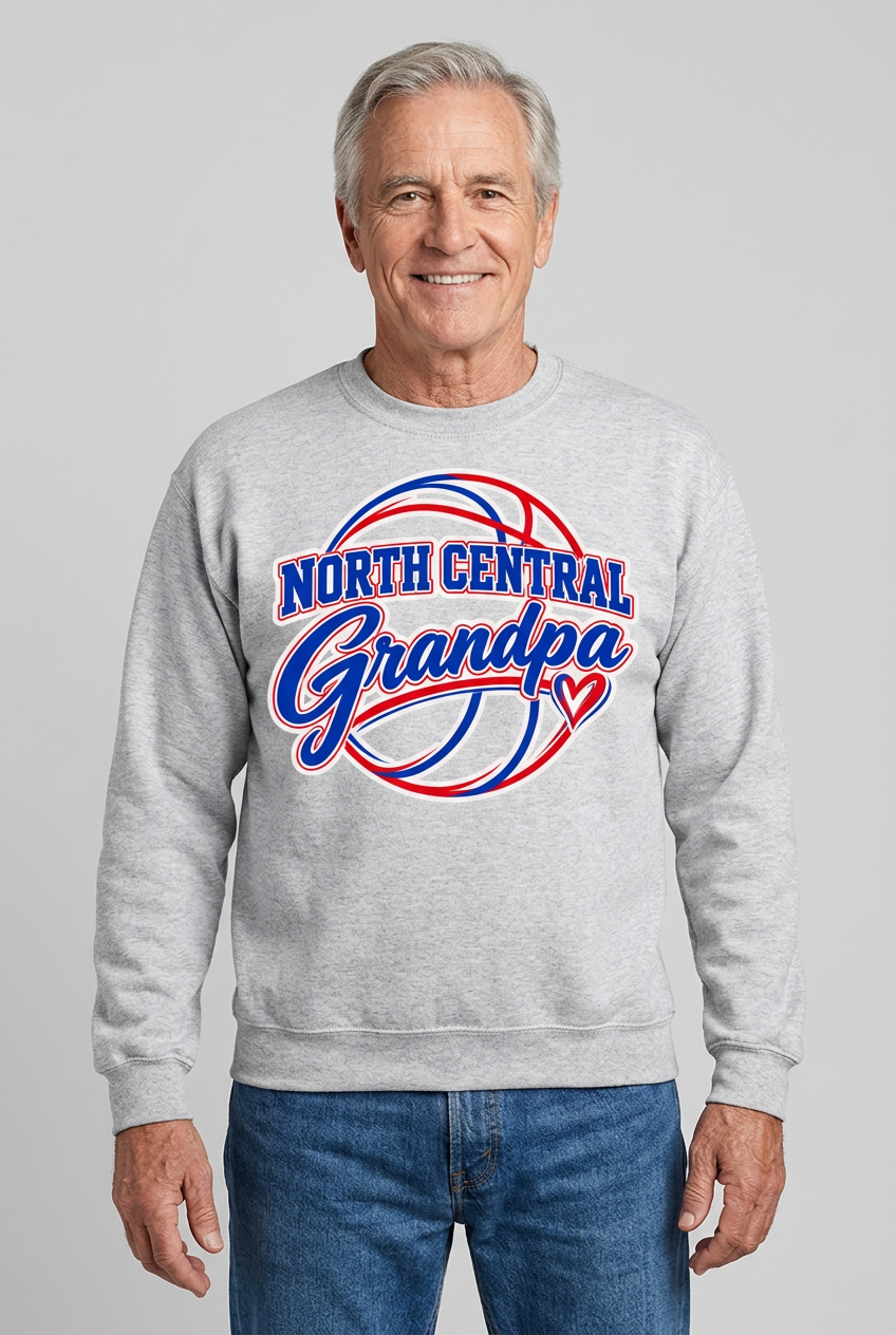 Older male model wearing sports gray North Central Grandpa crewneck sweatshirt