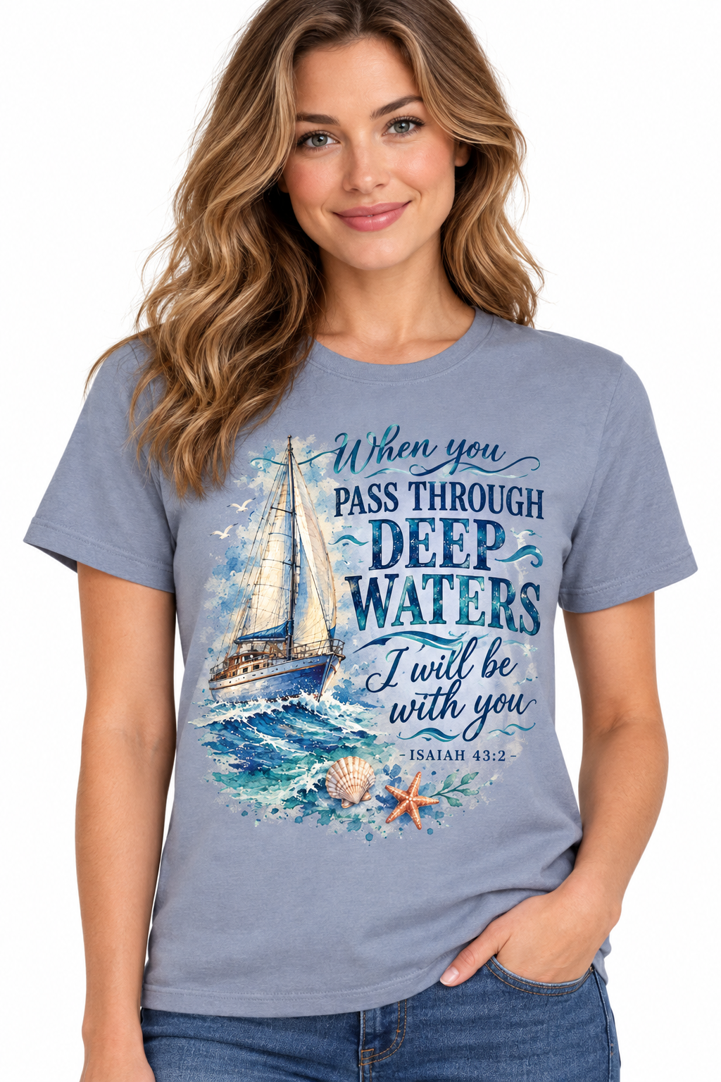 Deep Waters Isaiah 43:2 - Vintage Denim T-Shirt on female model