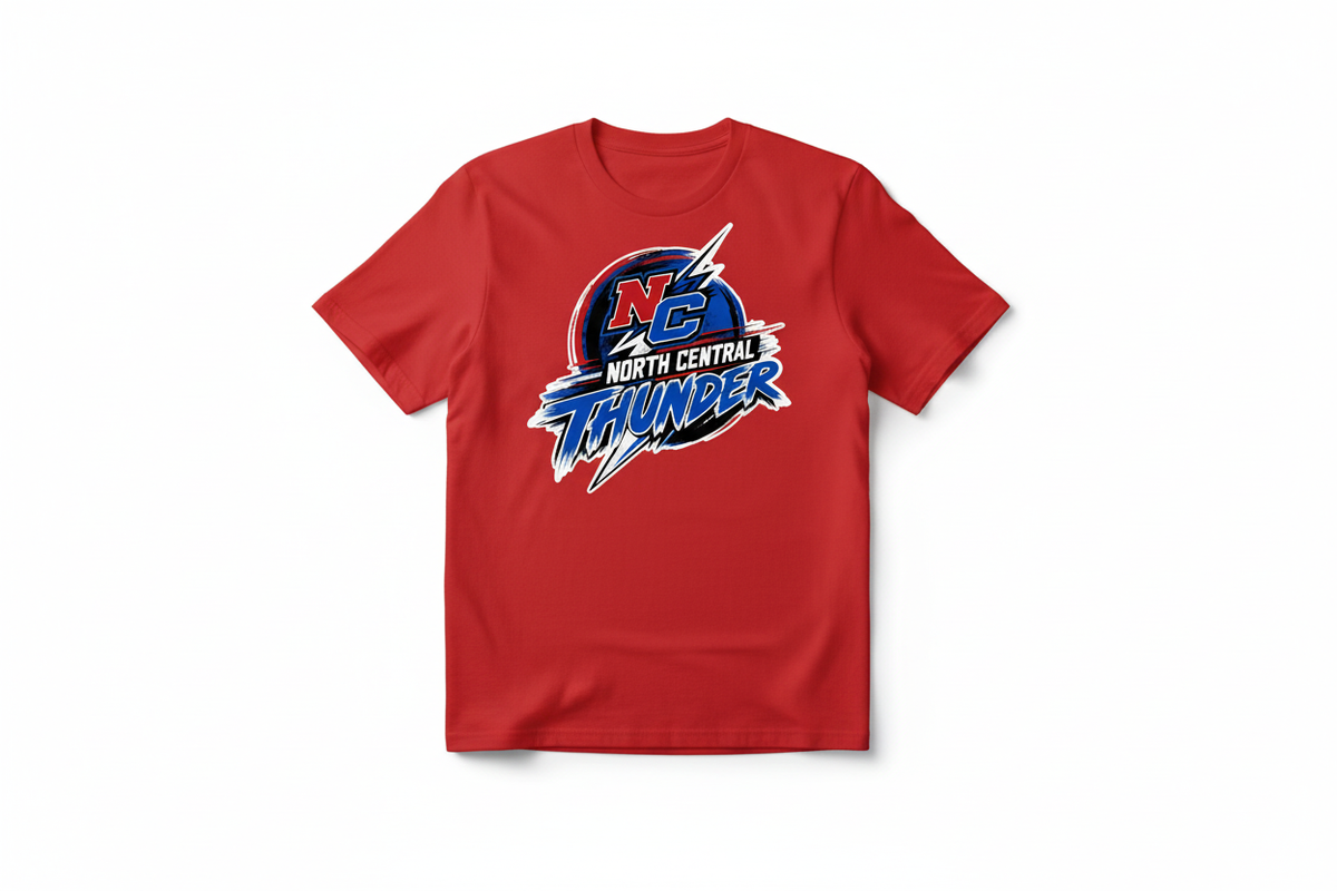 North Central Thunder logo on red t-shirt