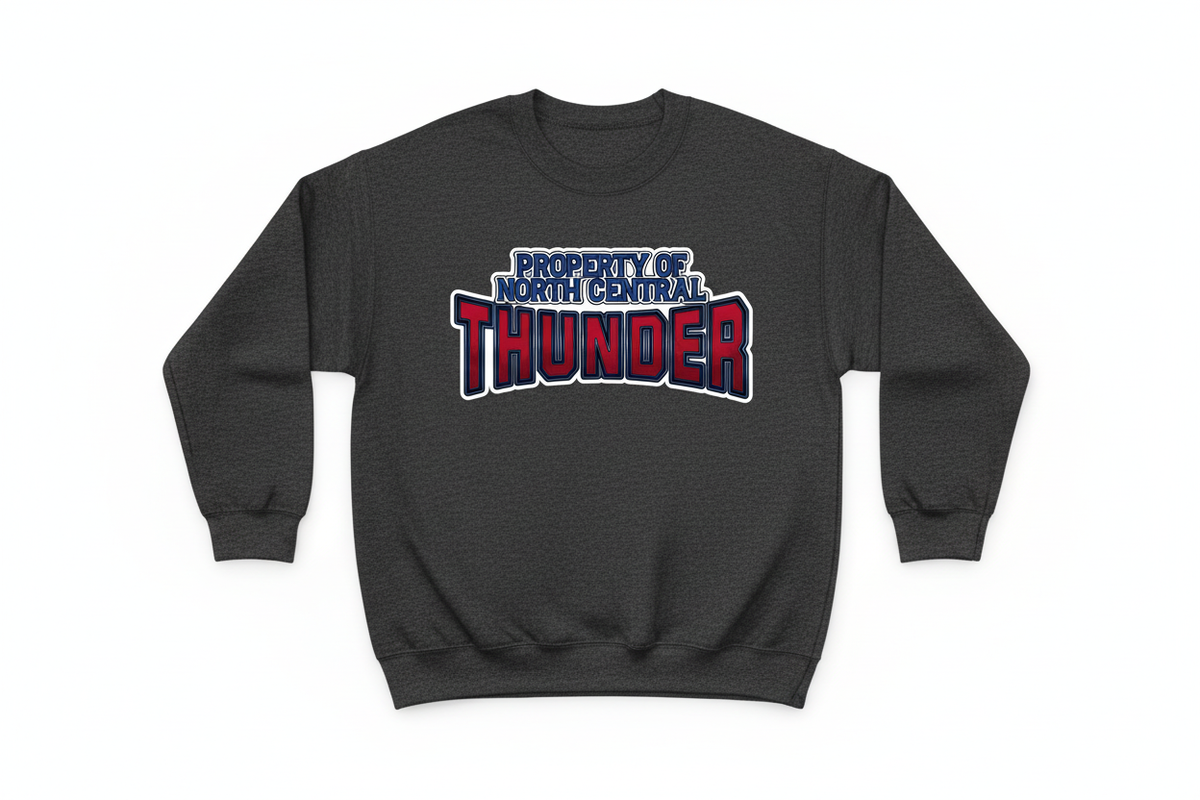 Property of North Central Thunder on dark heather gray crewneck