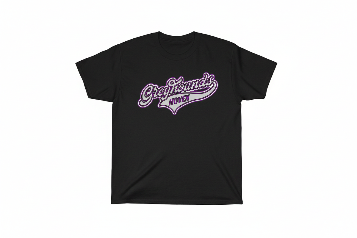 Greyhounds Hoven vintage script graphic on black t-shirt