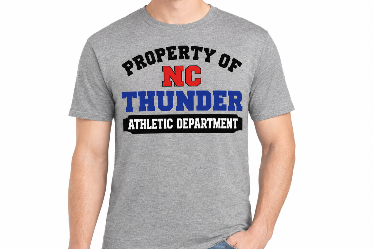 Property of NC Thunder design on heathered graphite t-shirt