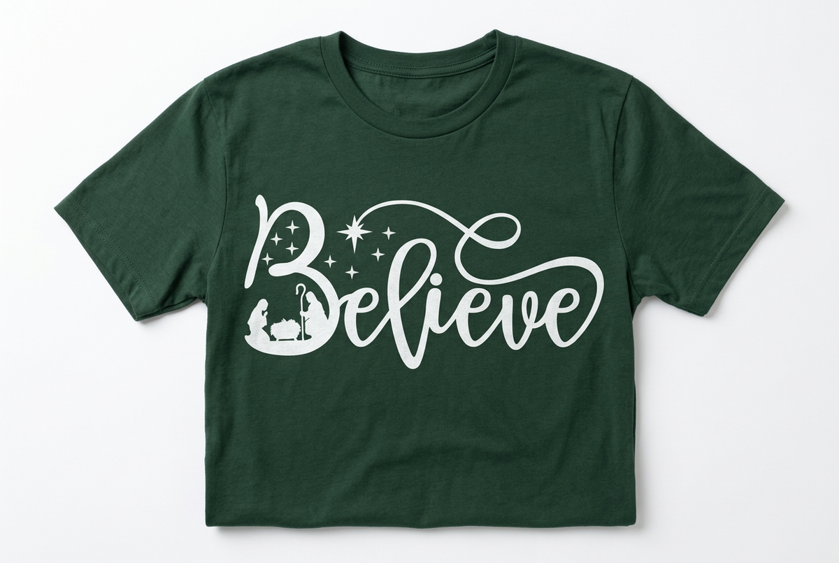 Believe Nativity Tee - Dark Green with White Print Flat Lay