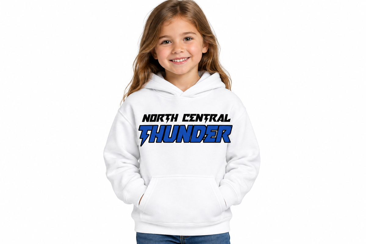 North Central Thunder lightning hoodie in white - little girl model