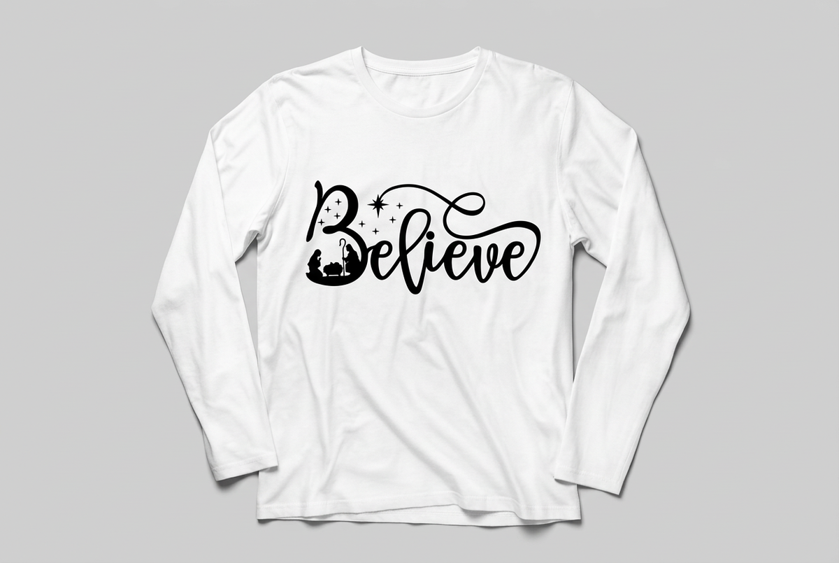 Believe Nativity Long Sleeve - White with Black Print Flat Lay