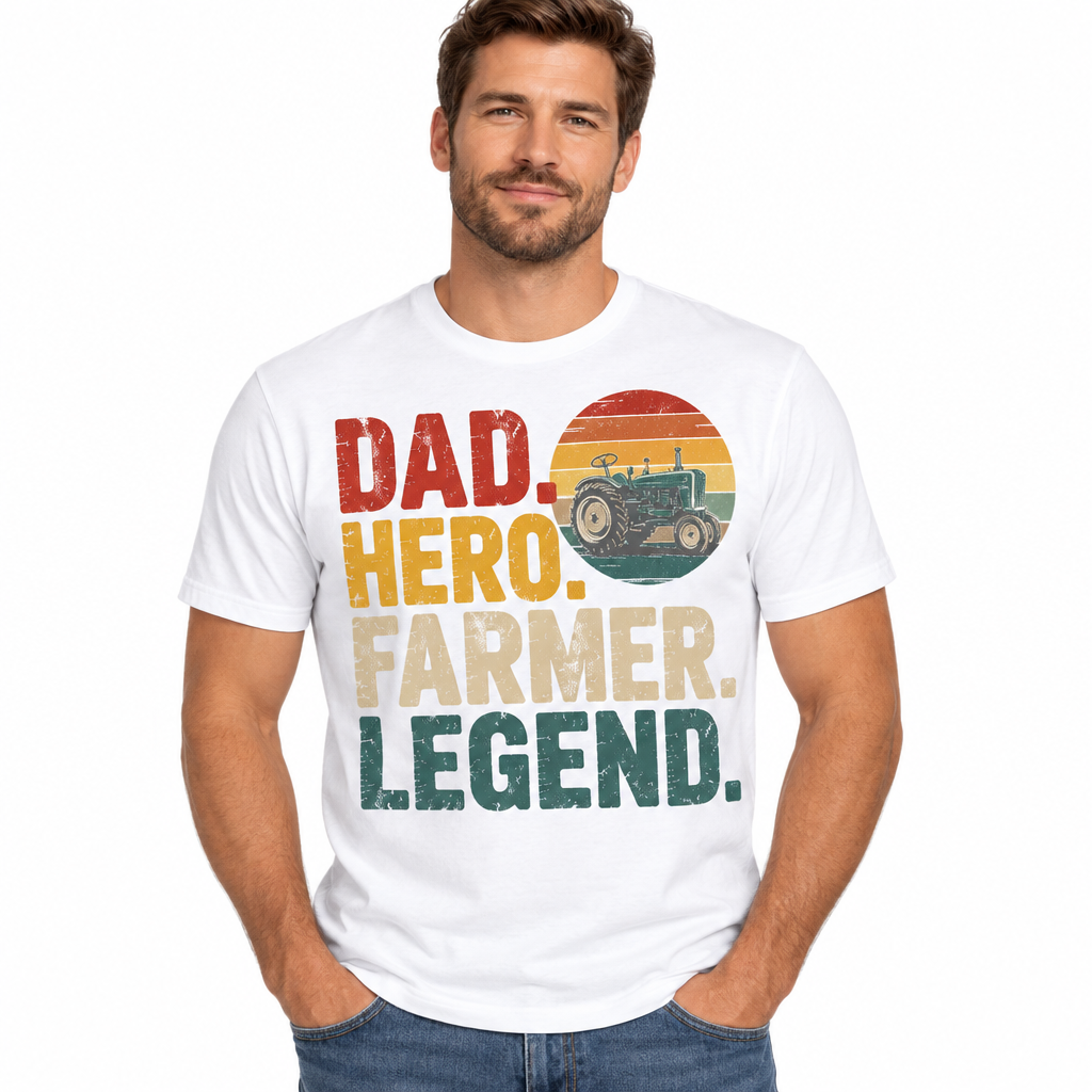 Dad Hero Farmer Legend design on white t-shirt