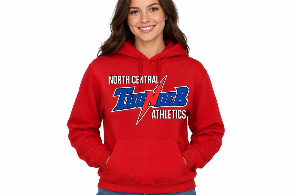 North Central Thunder Athletics hoodie in red - adult female model