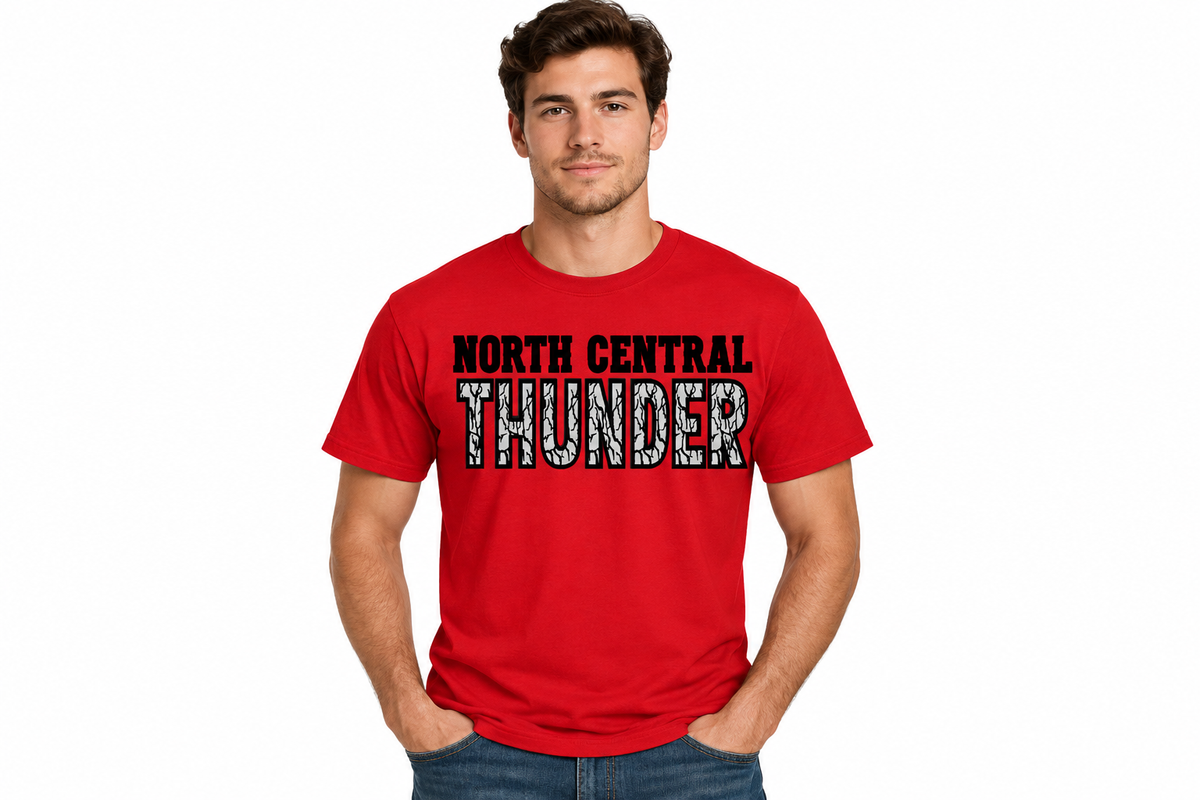 North Central Thunder woodgrain design on red t-shirt