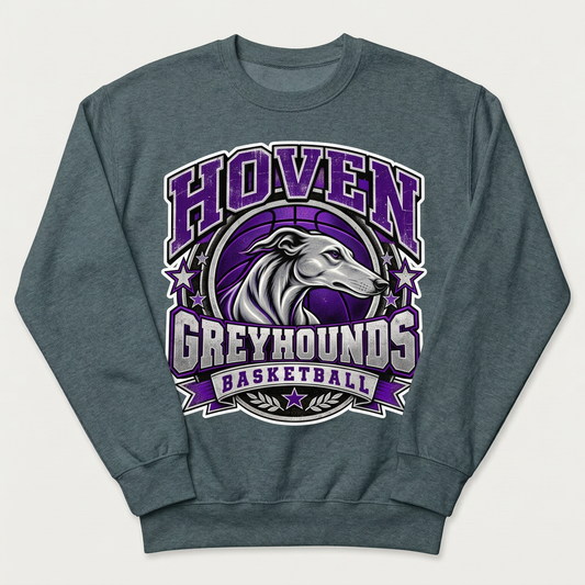 Dark heathered gray Hoven Greyhounds Design 7 crewneck sweatshirt flat-lay mockup