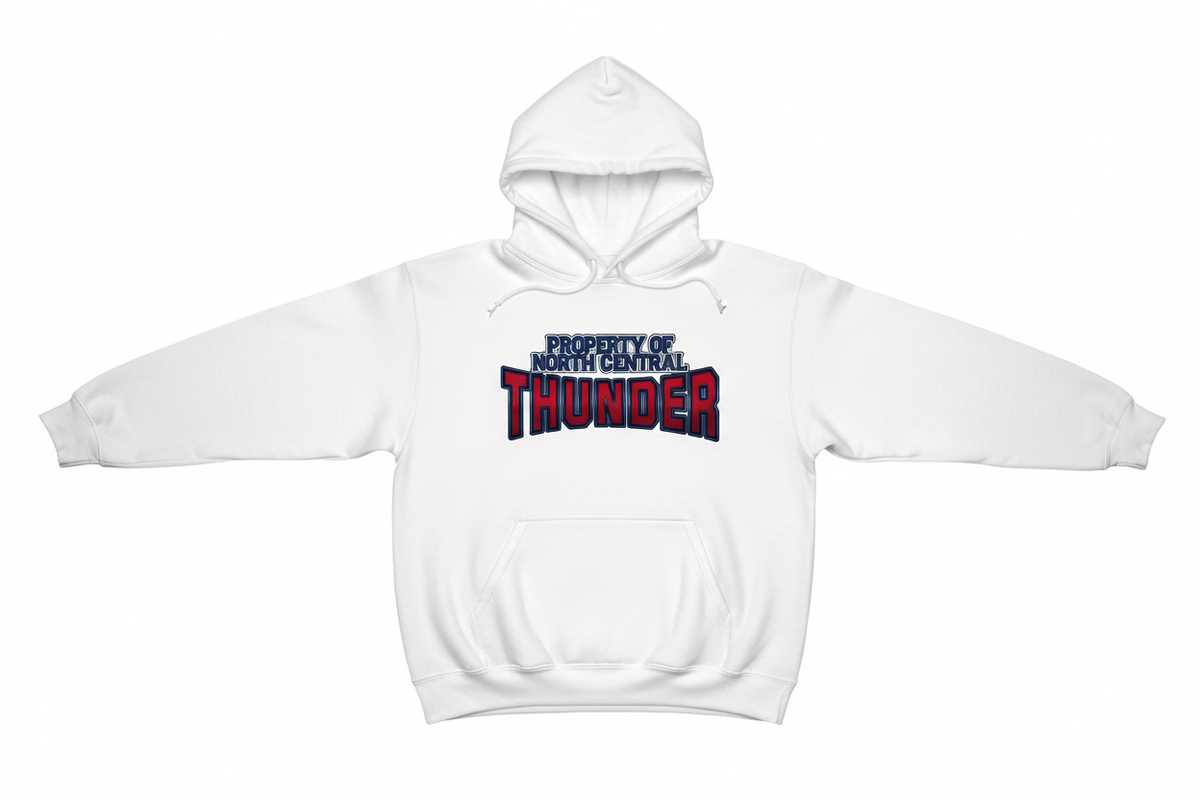 Property of North Central Thunder on white hoodie