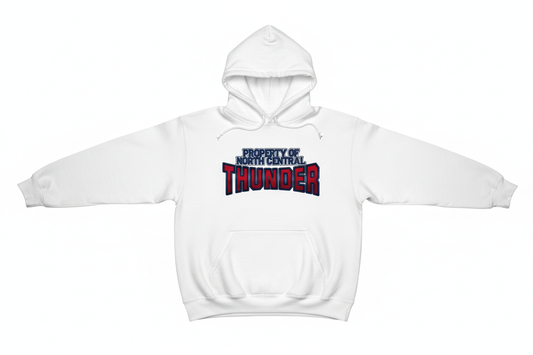 Property of North Central Thunder on white hoodie