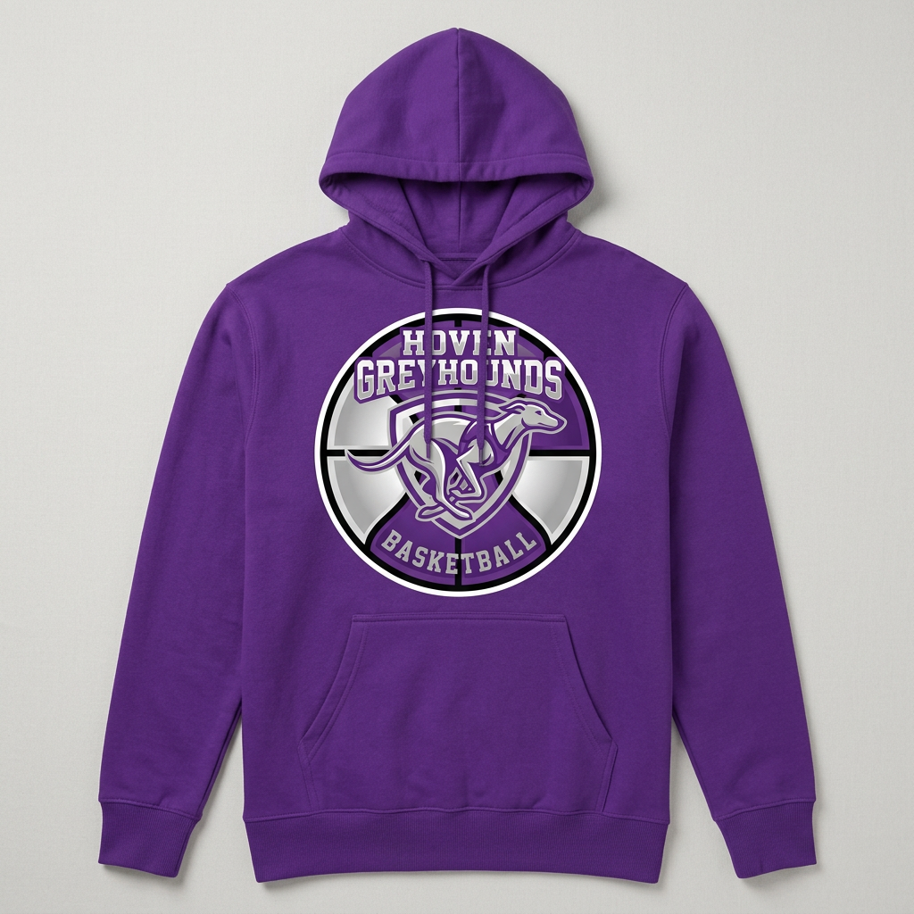 Solid purple Hoven Greyhounds Design 5 pullover hoodie flat-lay mockup