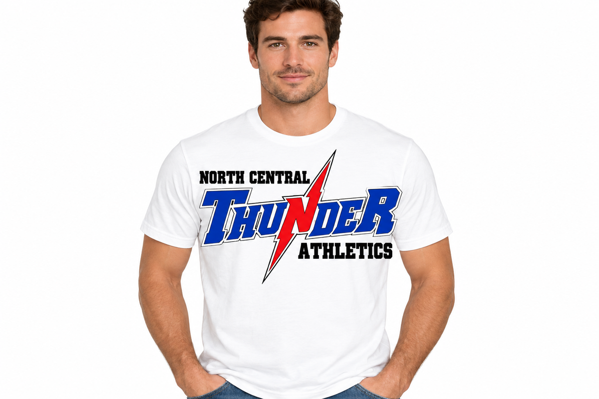 North Central Thunder Athletics full logo on white t-shirt - adult male model