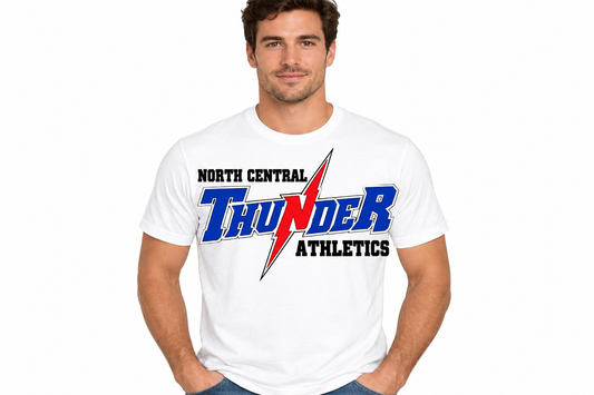 North Central Thunder Athletics full logo on white t-shirt - adult male model