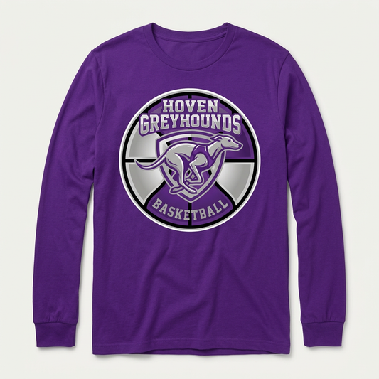 Flat-lay purple Hoven Greyhounds Design 5 long-sleeve T-shirt with white offset
