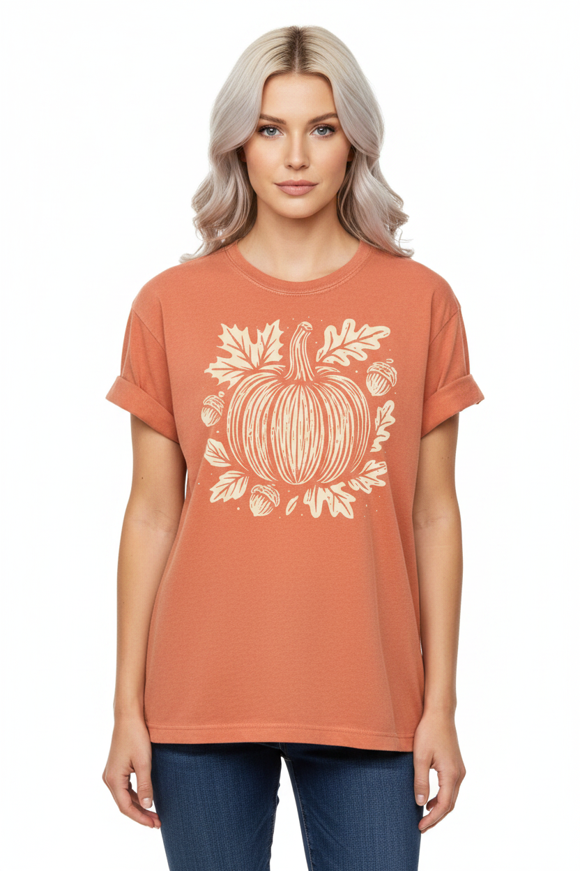 Women's heathered marmalade t-shirt with cream pumpkin harvest graphic