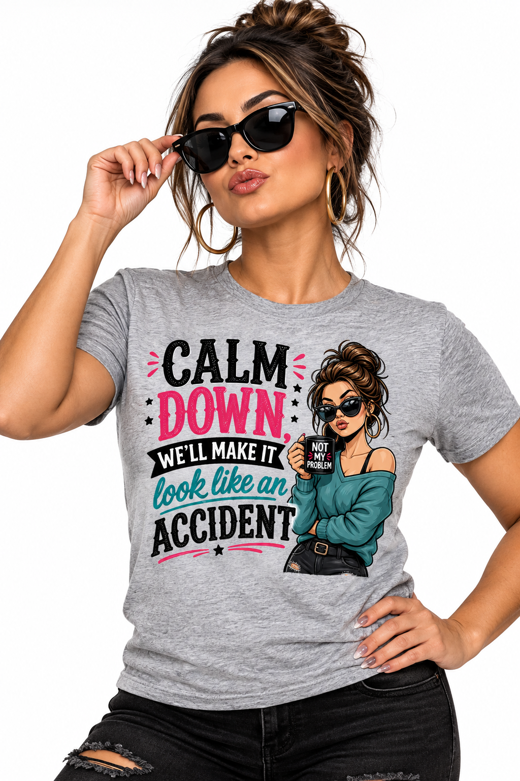 Calm Down - Sports Gray T-Shirt on sassy female model