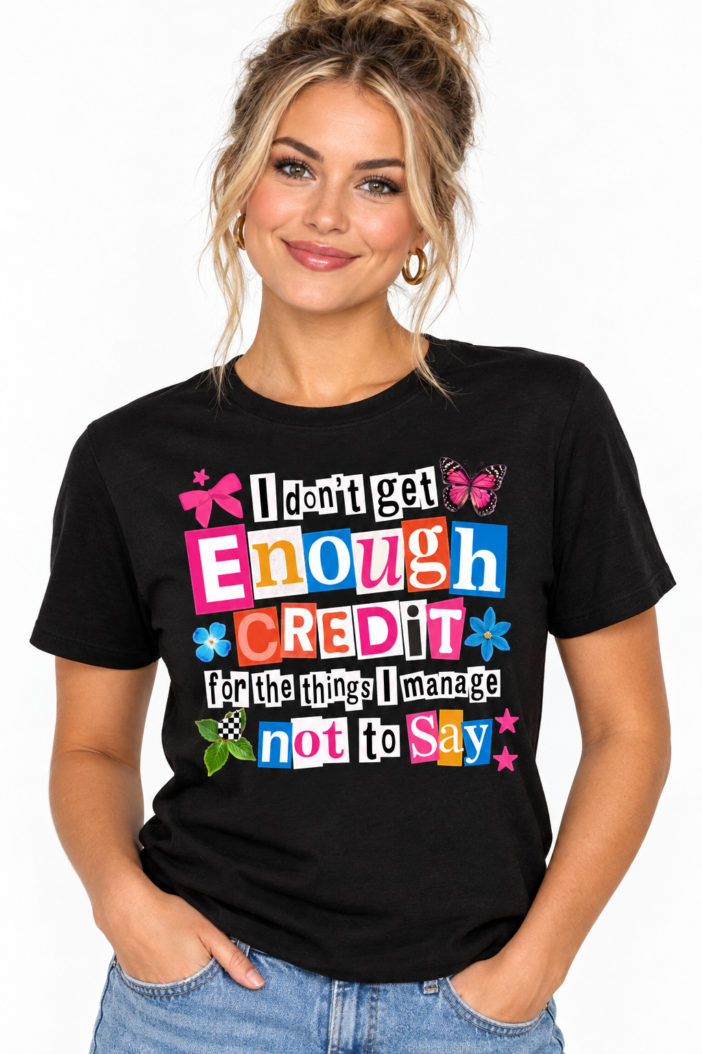 I Don't Get Enough Credit - Black T-Shirt on female model