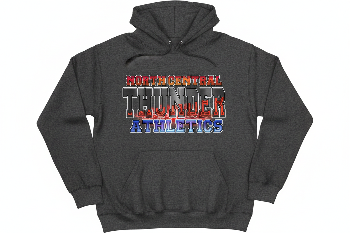 North Central Thunder Athletics graphic on dark heather gray hoodie