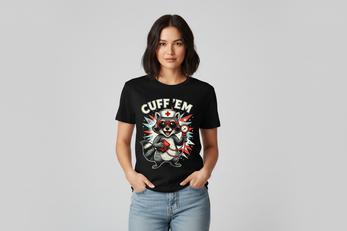 Cuff 'Em Raccoon Nurse Tee in Black