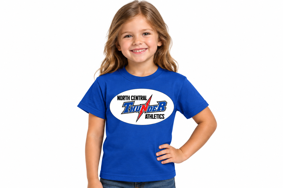 North Central Thunder Athletics oval badge on royal blue t-shirt - little girl model