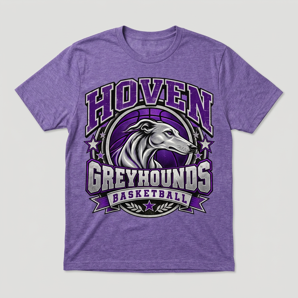 Flat-lay heathered purple Hoven Greyhounds Basketball Design 7 T-shirt