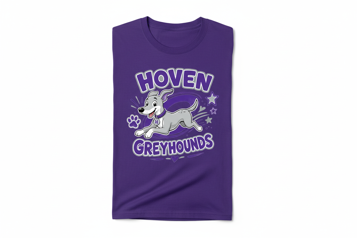 Hoven Greyhounds cartoon on purple kids t-shirt