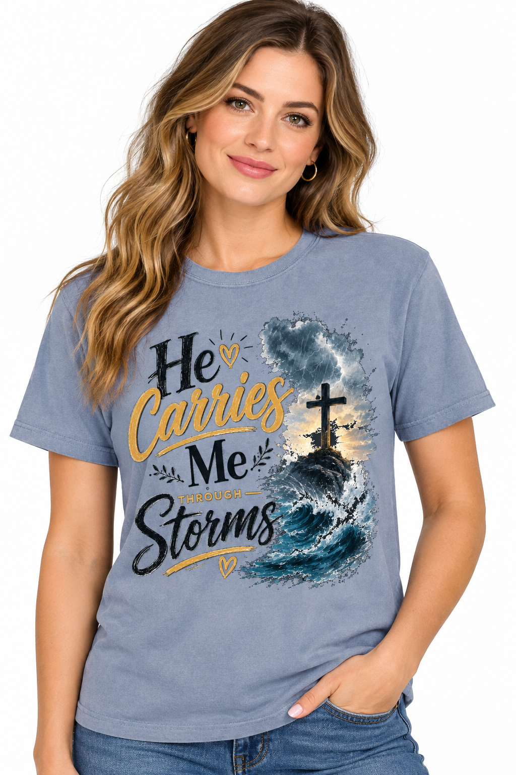 He Carries Me Through Storms - Vintage Denim T-Shirt on female model