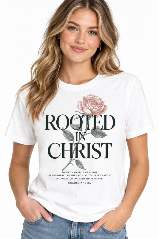 Rooted In Christ - White T-Shirt on female model