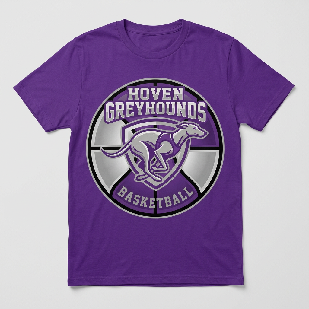 Flat-lay solid purple Hoven Greyhounds Basketball T-shirt