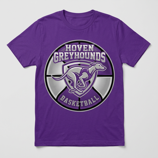 Flat-lay solid purple Hoven Greyhounds Basketball T-shirt
