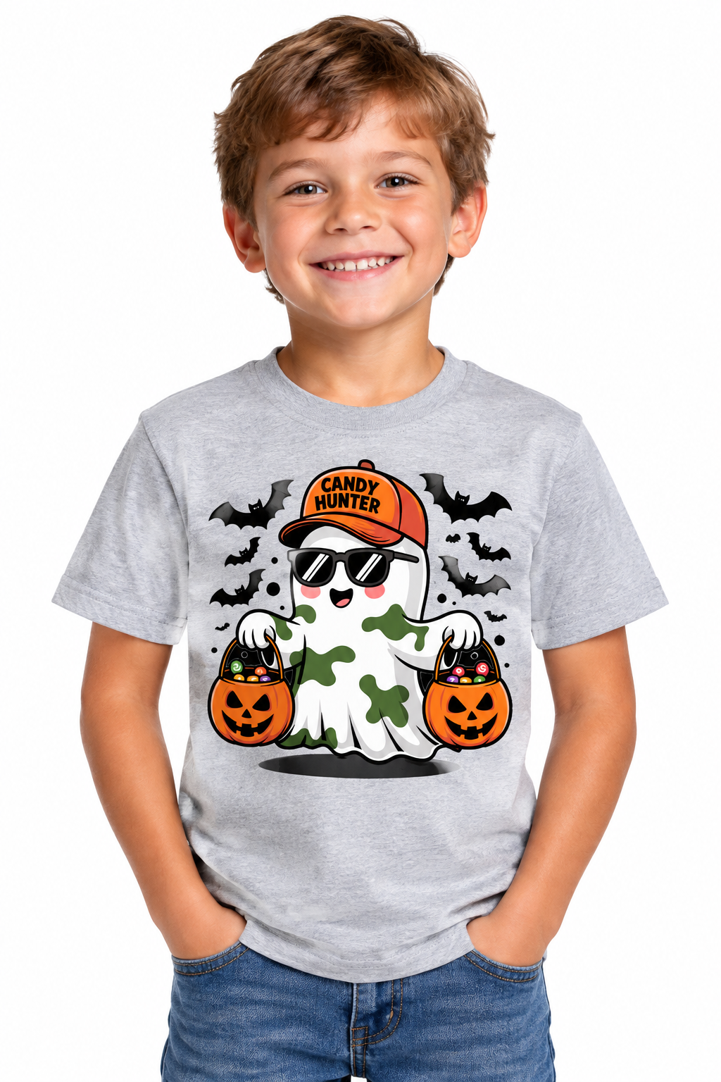 Candy Hunter ghost Halloween design on gray kids t-shirt with boy model
