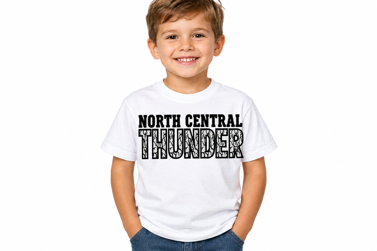 North Central Thunder woodgrain design on white kids t-shirt