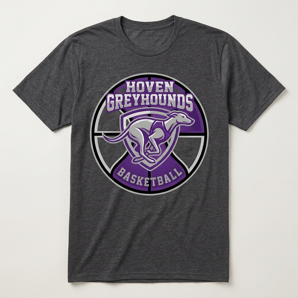 Flat-lay dark heather gray Hoven Greyhounds Basketball T-shirt
