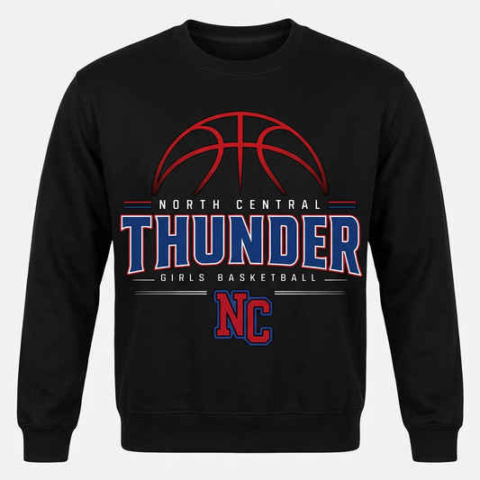 North Central Thunder girls basketball design on a black crewneck sweatshirt