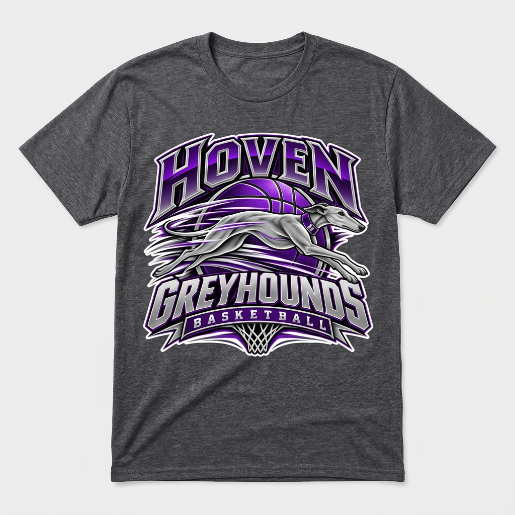 Revised flat-lay dark heather gray Hoven Greyhounds Basketball Design 8 T-shirt with white offset
