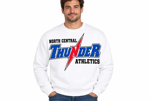 North Central Thunder Athletics full logo crewneck in white - adult male model