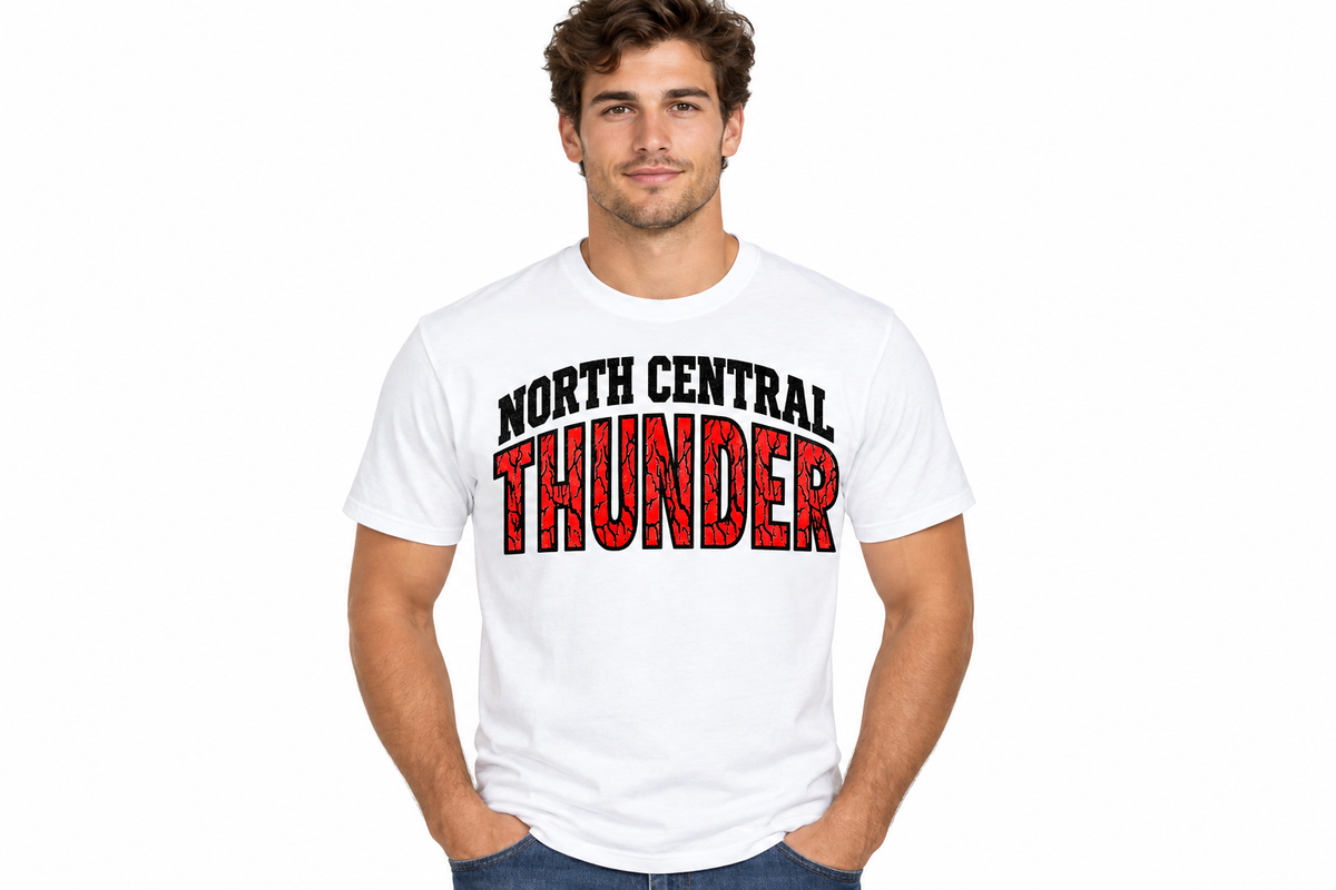 North Central Thunder cracked design on white t-shirt