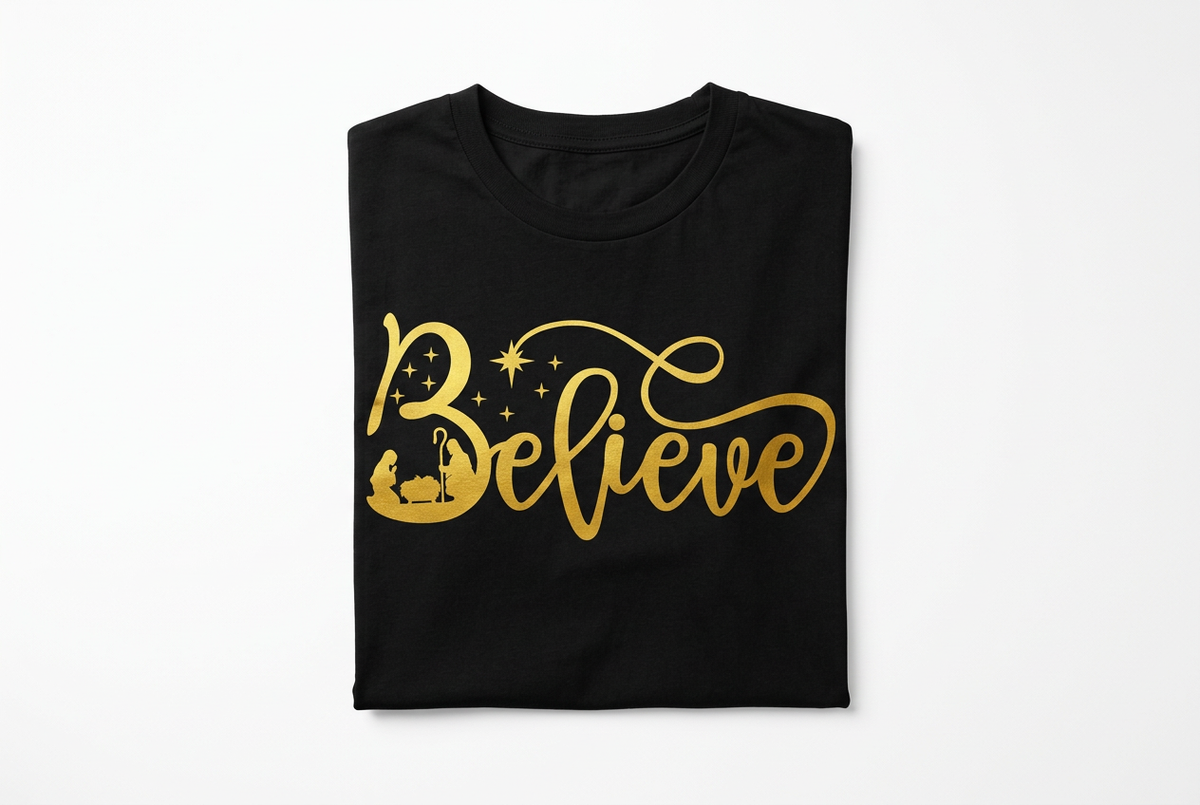 Believe Nativity Tee - Black with Gold Print Flat Lay